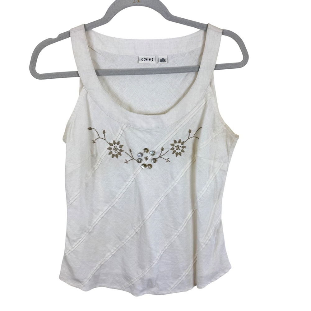 Cato Women Off White Linen Blend Embroidered Floral Tank Top Shell Buttons Sz 10